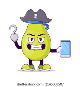 Cute pear pirate cartoon vector illustration design. Fruit mascot character concept isolated vector