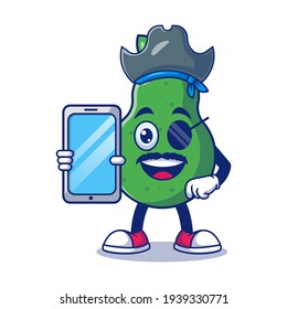 Cute Pear Pirate Holding Phone Cartoon Vector Illustration. Fruit Mascot Character Concept Isolated Premium Vector