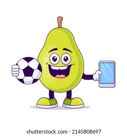 Cute pear playing Soccer cartoon vector illustration design. Fruit mascot character concept isolated vector