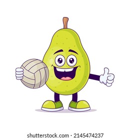 Cute pear playing tennis cartoon vector illustration design. Fruit mascot character concept isolated vector