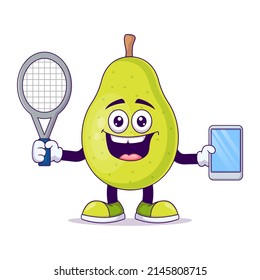 Cute pear playing tennis cartoon vector illustration design. Fruit mascot character concept isolated vector