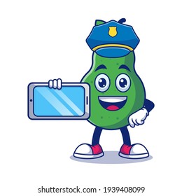 Cute Pear Police Holding Phone Cartoon Vector Illustration. Fruit Mascot Character Concept Isolated Premium Vector