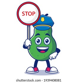 Cute Pear Police Holding Stop Sign Cartoon Vector Illustration. Fruit Mascot Character Concept Isolated Premium Vector