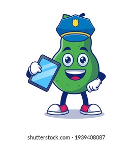 Cute Pear Police Holding Tablet Cartoon Vector Illustration. Fruit Mascot Character Concept Isolated Premium Vector