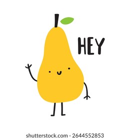 A linda pera diz: Ei. Ilustração engraçada e bonita. Design gráfico plano. Ilustração vetorial.