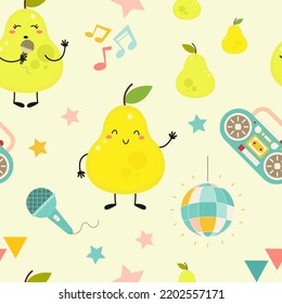 Cute Pear Seamless Pattern Vector. Musical kids illustration for nursery design. Disco Fruit pattern for baby clothes, wrapping paper