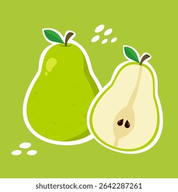 Cute pear sticker illustration with yellow background. Tropical fruit cartoon