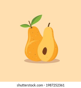 Cute pear vector flat design illustration, Cartoon style yellow pear hand drawn flat vector icon isolated on white. Fresh fruit symbol in flat style Tasty Furits Vector