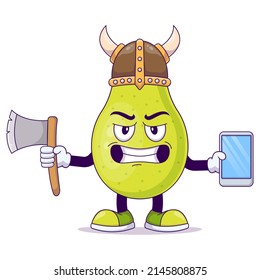 Cute pear viking cartoon vector illustration design. Fruit mascot character concept isolated vector