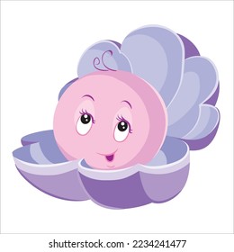 cute pearl with big eyes sits in a shell, cartoon illustration, isolated object on a white background, vector, eps