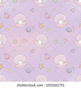 Cute Pearl And Mermaid Skin Seamless Pattern Decolated With Diamond And Sea Animals Such As Oyster And Starfish In Pastel Theme.