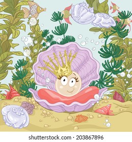 Cute pearl on shell in crown on coral reef background