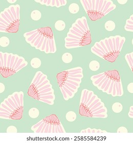 cute pearls and oyster seashells seamless pattern. Oyster sea shells with pearls on blue background seamless pattern. It is suitable for textile, fabric, decoration, wrapping and printables.