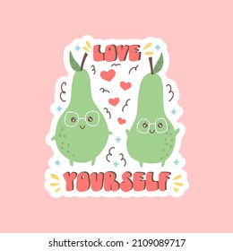 Cute pears and lettering composition for Valentine's Day card. Berries in love and calligraphy love phrase for February 14th. Flat vector illustration isolated on pink background.