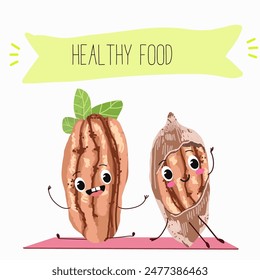 Cute pecan characters, funny nuts, with different activities, outdoor, sports, musical instrument. 