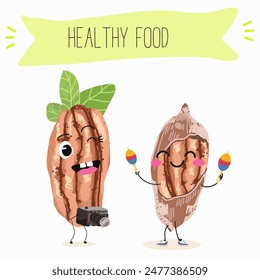 Cute pecan characters, funny nuts, with different activities, outdoor, sports, musical instrument. 