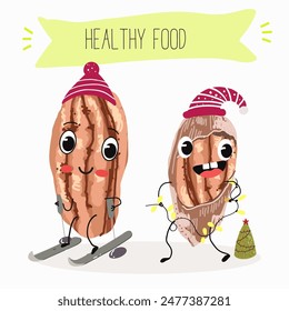 Cute pecan characters, funny nuts, with different activities, outdoor, sports, musical instrument. 
