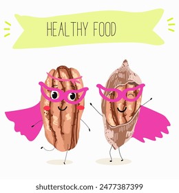 Cute pecan characters, funny nuts, with different activities, outdoor, sports, musical instrument. 