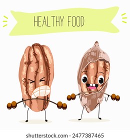 Cute pecan characters, funny nuts, with different activities, outdoor, sports, musical instrument. 