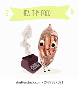 Cute pecan characters, funny nuts, with different activities, outdoor, sports, musical instrument. 