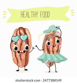 Cute pecan characters, funny nuts, with different activities, outdoor, sports, musical instrument. 