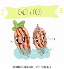 Cute pecan characters, funny nuts, with different activities, outdoor, sports, musical instrument. 