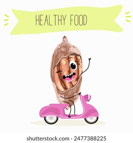 Cute pecan characters, funny nuts, with different activities, outdoor, sports, musical instrument. 