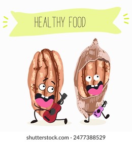 Cute pecan characters, funny nuts, with different activities, outdoor, sports, musical instrument. 