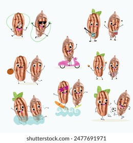 Cute pecan characters set, collection. Flat vector illustration. Activities, playing musical instruments, sports, funny nuts.
