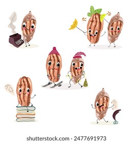 Nette pecan Zeichen gesetzt, Kollektion. Flache Vektorillustration. Aktivitäten, Musikinstrumente spielen, Sport, lustige Nüsse.