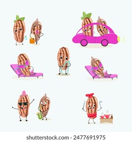 Cute pecan characters set, collection. Flat vector illustration. Activities, playing musical instruments, sports, funny nuts.