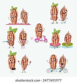 Cute pecan characters set, collection. Flat vector illustration. Activities, playing musical instruments, sports, funny nuts.