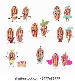Cute pecan characters set, collection. Flat vector illustration. Activities, playing musical instruments, sports, funny nuts.