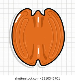 Cute Pecan Aufkleber Zeichen. Vektorhandgezeichnete Cartoons kawaii Zeichentricksymbol. Happy-Pecan-Zeichenkonzept