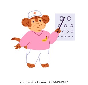 Cute pediatrician animal, doc testing vision with eye chart. Pediatric doctor, medic pointing at oculists' tablet. Kids health care, children's healthcare. Flat isolated vector illustration on white