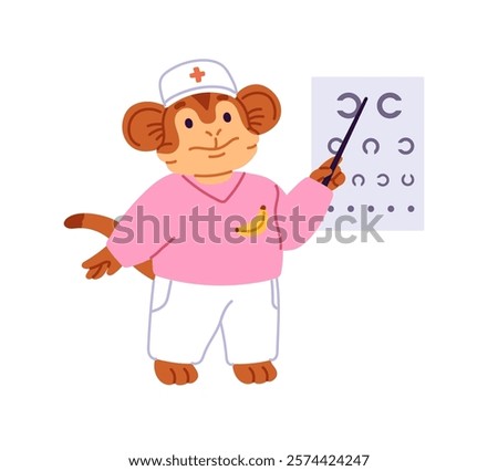 Cute pediatrician animal, doc testing vision with eye chart. Pediatric doctor, medic pointing at oculists' tablet. Kids health care, children's healthcare. Flat isolated vector illustration on white