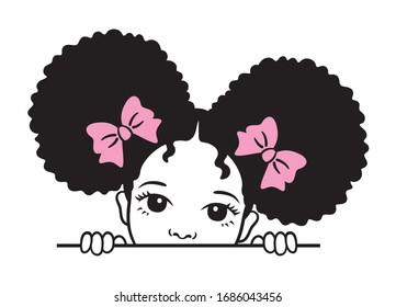 Cute peekaboo black girl with afro puff hair vector illustration.