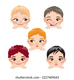 Cute Peekaboo Little Boys or Kids Peeking Boys Collection and Different Hairstyle Vector illustration