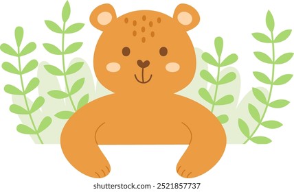 Cute Peeking Bear With Leaves Vector Illustration
