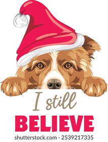 Cute peeking Border Collie dog in Santa hat. Vector