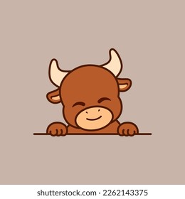 Cute Peeking Bull Vector Illustration