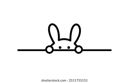 Cute peeking bunny outline border frame. Suitable for poster, flyer, banner. Flat decorative vector design isolated illustration.