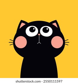 Linda silueta de cabeza de gato mirando hacia arriba. Orejas rosadas, nariz. Ojos grandes. Caricatura. Kawaii gatito negro bebé animal de compañía. Tarjeta de felicitación. Impresión de la etiqueta engomada. Diseño plano. Vector de fondo amarillo