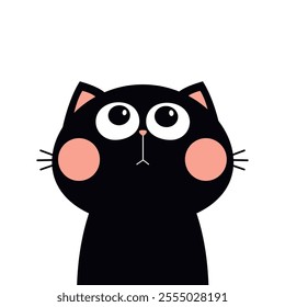 Cute peeking cat face head silhouette looking up. Pink ears, nose. Big eyes. Cartoon character. Kawaii black kitten baby pet animal. Greeting card. Sticker print. Flat design. White background. Vector