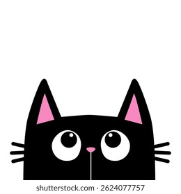 Cute peeking cat head face silhouette looking up. Pink ears. Cartoon character. Black kawaii kitten animal. Baby card. Pet collection. Flat design. Sticker print. White background. Vector illustration