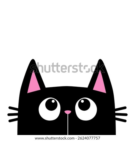 Cute peeking cat head face silhouette looking up. Pink ears. Cartoon character. Black kawaii kitten animal. Baby card. Pet collection. Flat design. Sticker print. White background. Vector illustration