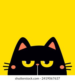 Cute peeking cat kitten. Yellow eyes. Sad angry face head. Funny kawaii pet animal. Black silhouette icon. Cartoon funny baby character. Pink ears, cheeks, nose. Flat design. White background. Vector