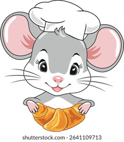 Cute peeking chef mouse with a croissant. Vector
