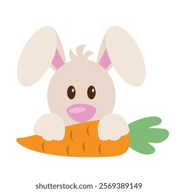 Cute peeking Easter bunny  with carrot vector cartoon illustration