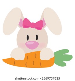 Cute peeking Easter bunny girl   with carrot vector cartoon illustration